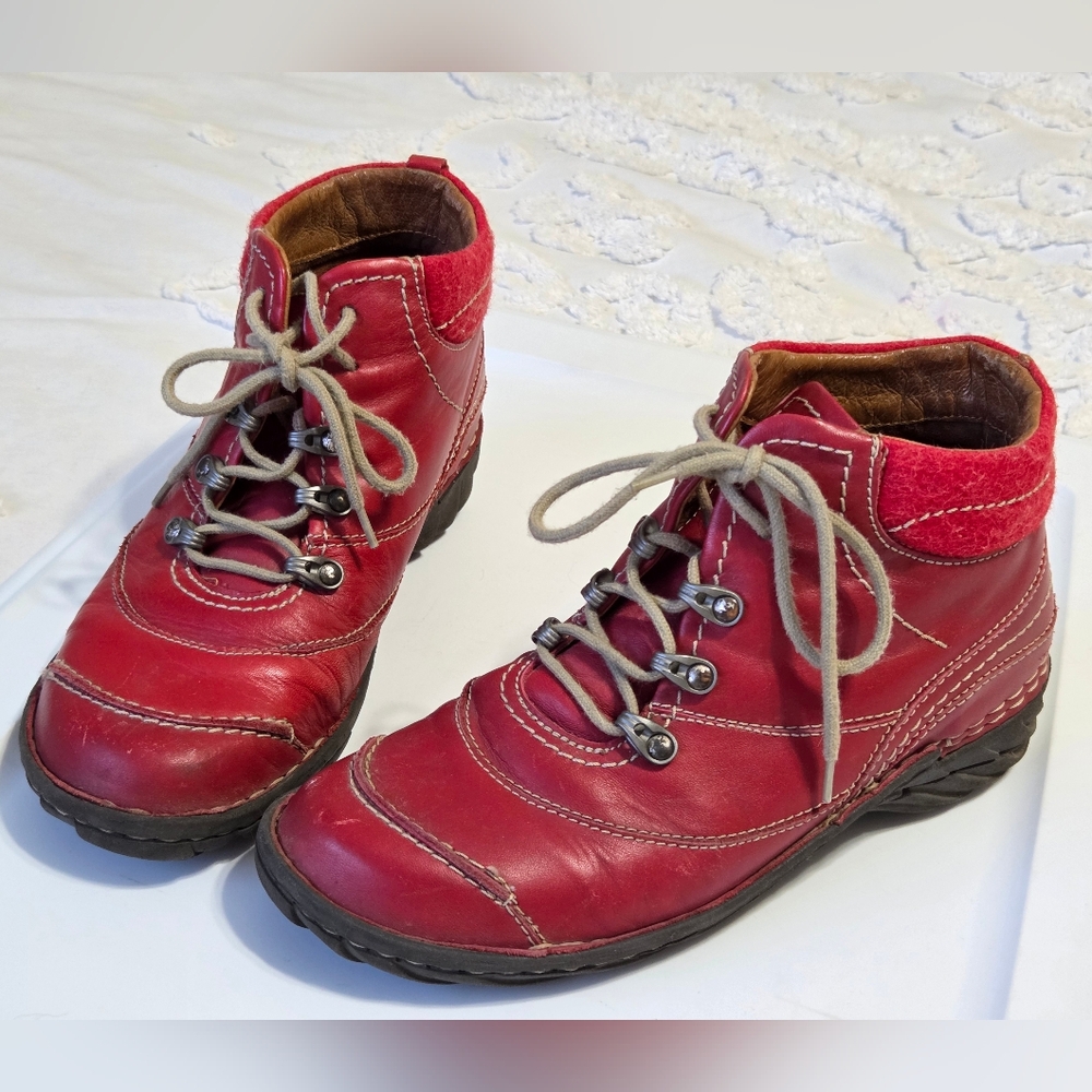 Josef Seibel Red Leather Lace Up Ankle Boots Size 40 (US 9) Boho Gorpcore Boho